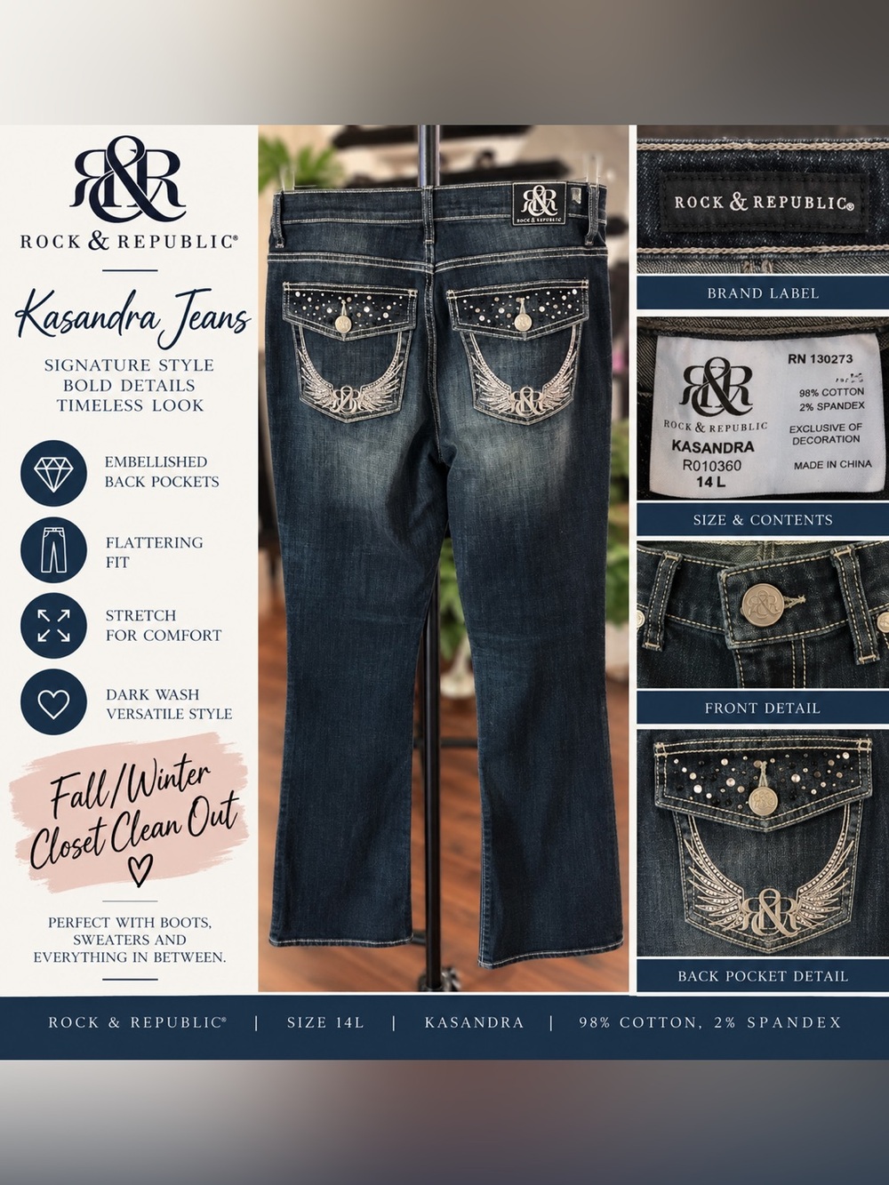 Rock & Republic Dark Blue Embellished Bootcut Jeans